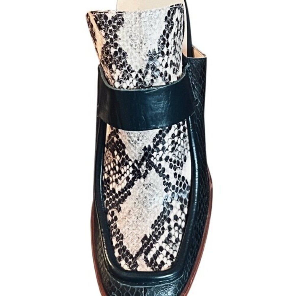 Zara Dark Green Leather & Snake-Print Block Heel Mules - Picture 5 of 11